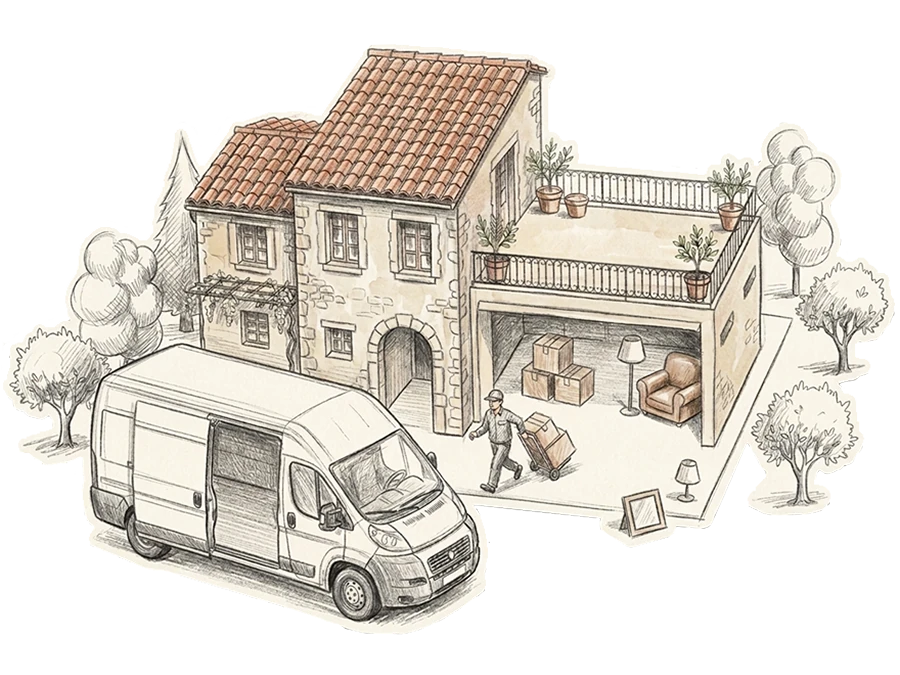 Camion Janie Brocante devant une maison lors d'une intervention de débarras